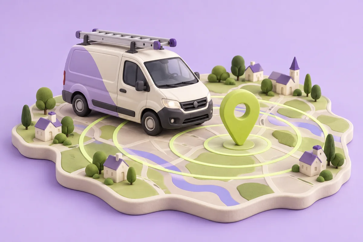 Fourgon d&rsquo;artisan sur une carte stylis&eacute;e avec un rep&egrave;re de localisation