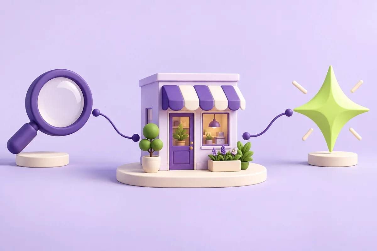 Petite boutique reliée à une loupe de recherche et à une étincelle symbolisant l’IA