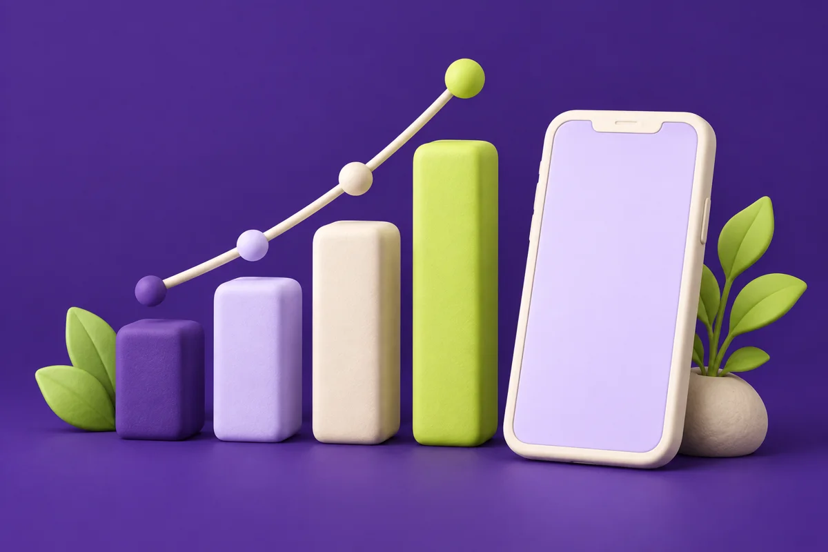 Colonnes de suivi abstraites et t&eacute;l&eacute;phone sur fond violet profond